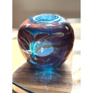 JP Goodman Mouth Blown Art Glass Vase Earth Tone Swirl Blue Interior Signed 1977